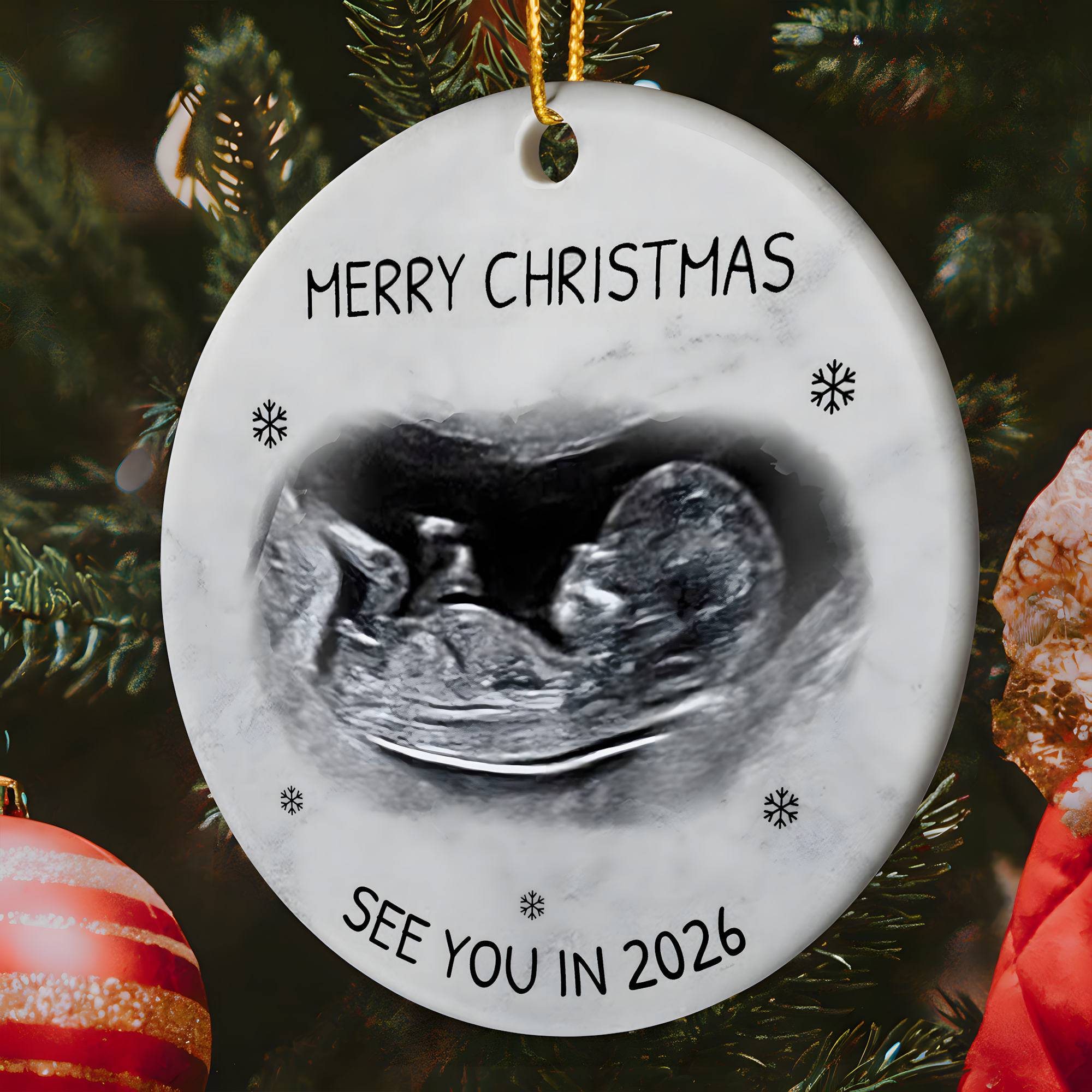 Custom Photo Baby Expecting See You In 2026 - Personalized Circle Ceramic Ornament