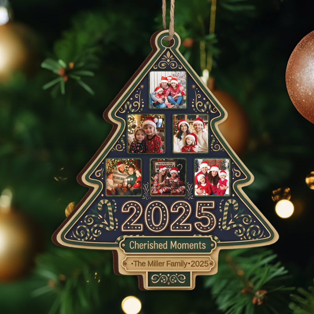 Cherished Moments Custom Photo Happy Family Christmas Tree - Personalized Custom Shaped Wood Ornament