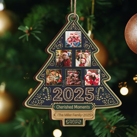 Cherished Moments Custom Photo Happy Family Christmas Tree - Personalized Custom Shaped Wood Ornament