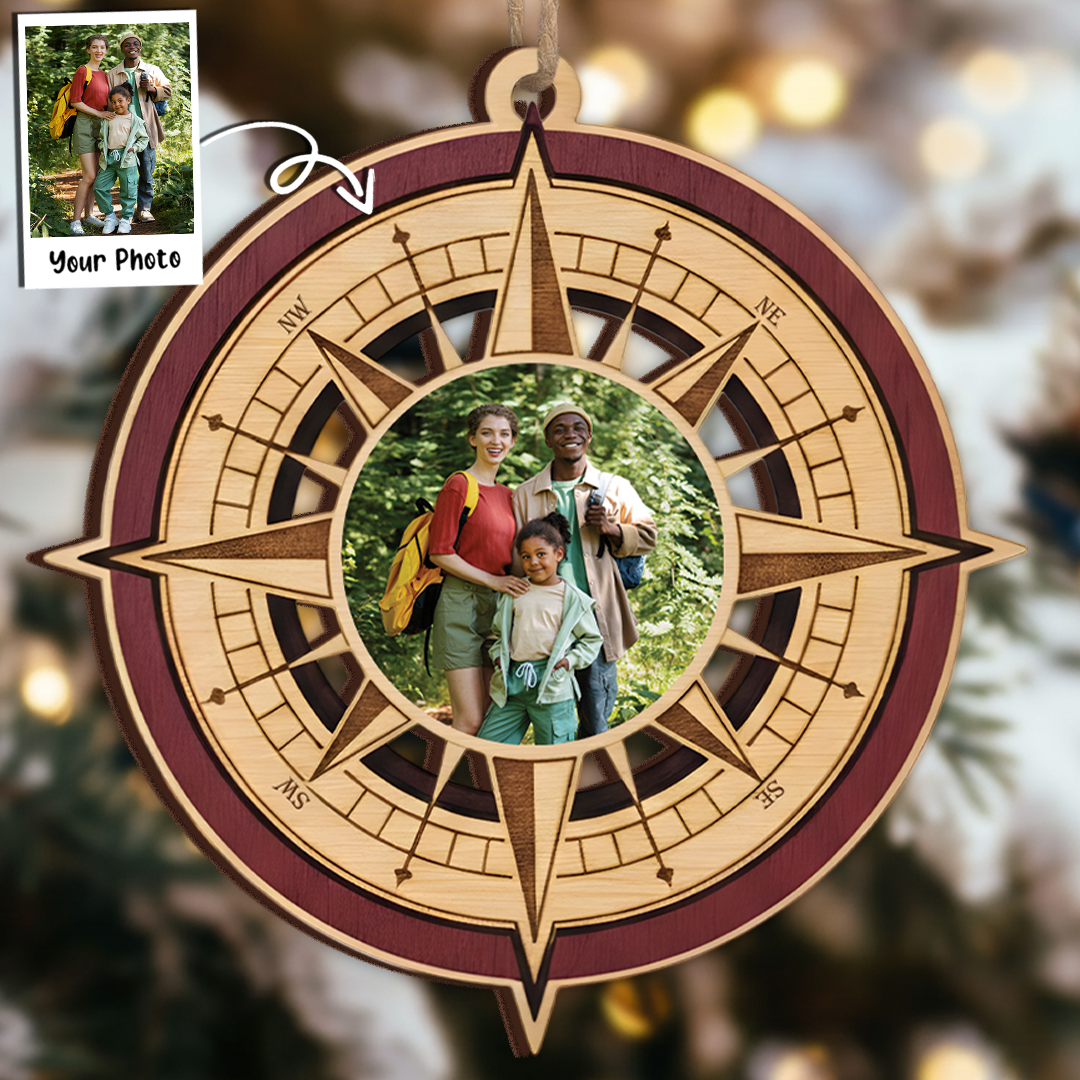 Custom Photo Compass Ornament - Layered Wood Keepsake