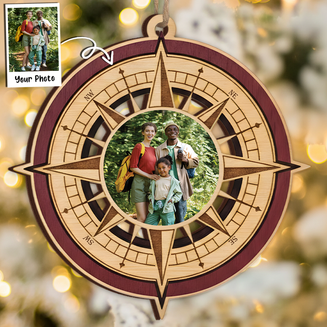 Custom Photo Compass Ornament - Layered Wood Keepsake