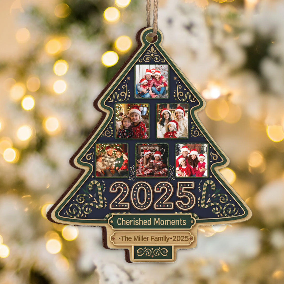 Cherished Moments Custom Photo Happy Family Christmas Tree - Personalized Custom Shaped Wood Ornament