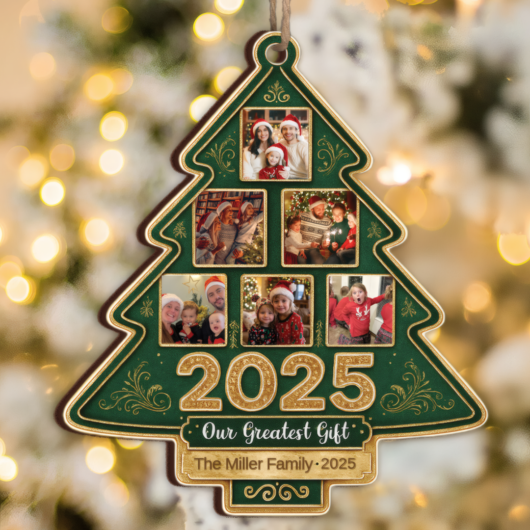 Our Greatest Gift Custom Photo Happy Family Christmas Tree - Personalized Custom Shaped Wood Ornament