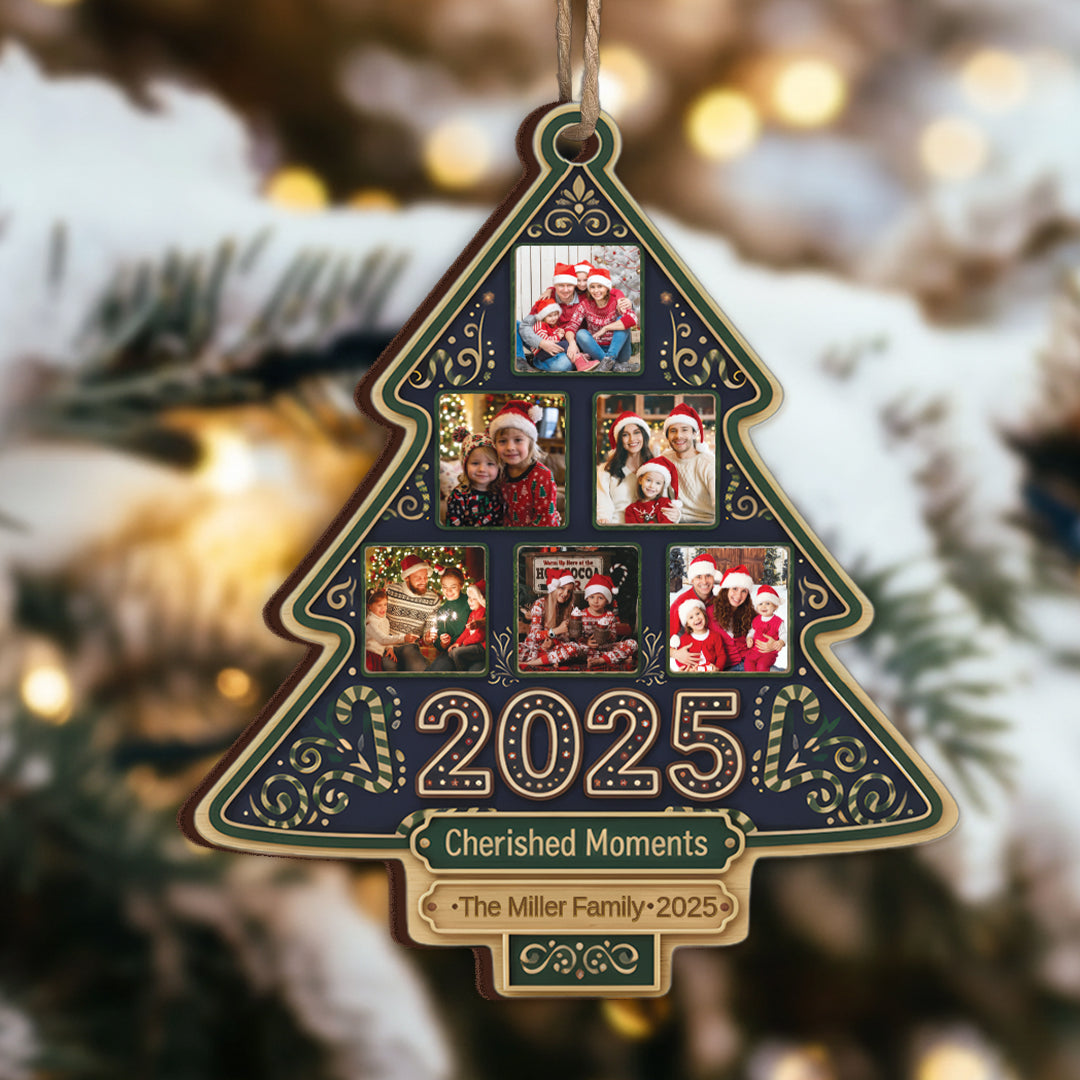 Cherished Moments Custom Photo Happy Family Christmas Tree - Personalized Custom Shaped Wood Ornament