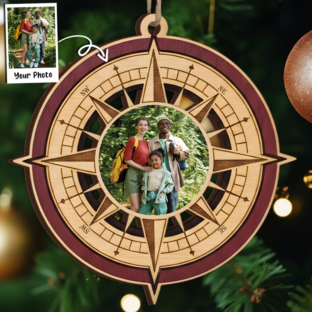 Custom Photo Compass Ornament - Layered Wood Keepsake