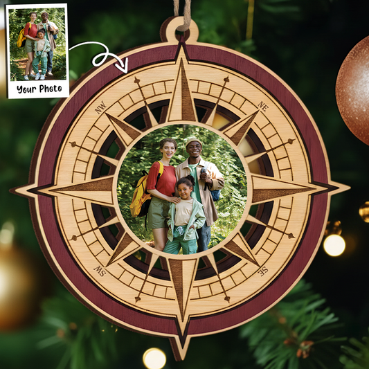 Custom Photo Compass Ornament - Layered Wood Keepsake