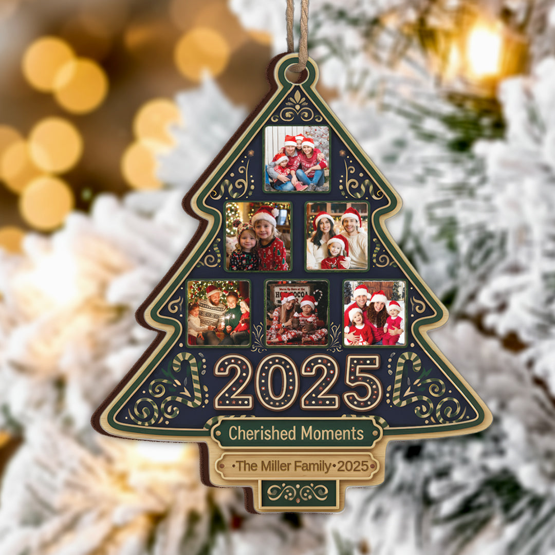 Cherished Moments Custom Photo Happy Family Christmas Tree - Personalized Custom Shaped Wood Ornament