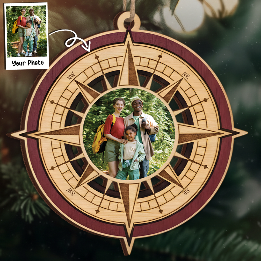 Custom Photo Compass Ornament - Layered Wood Keepsake
