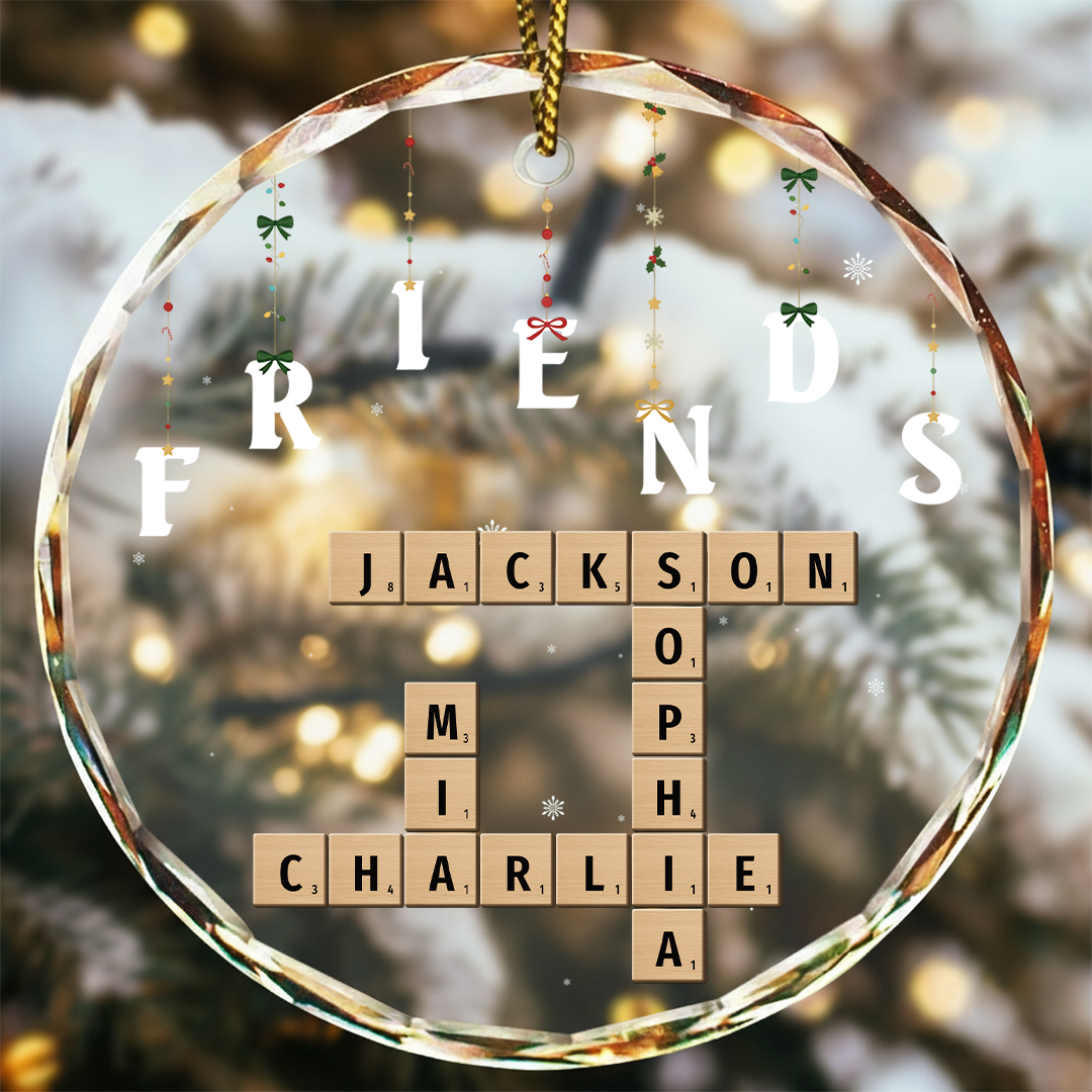 Friends Besties Sisters Brothers Family Crossword Scrabble - Personalized Circle Glass Ornament