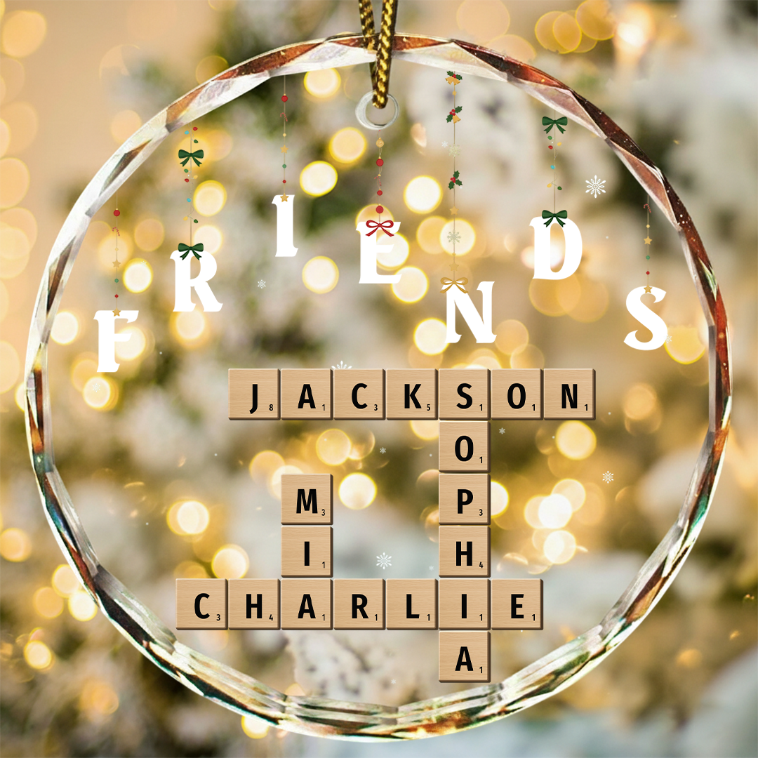 Friends Besties Sisters Brothers Family Crossword Scrabble - Personalized Circle Glass Ornament