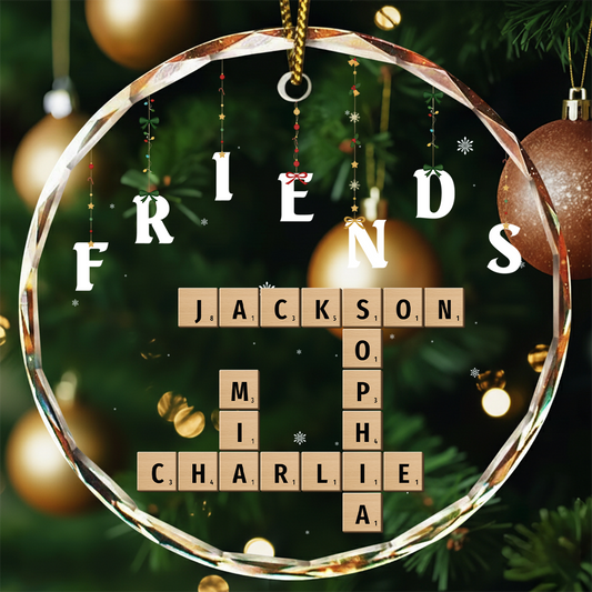 Friends Besties Sisters Brothers Family Crossword Scrabble - Personalized Circle Glass Ornament