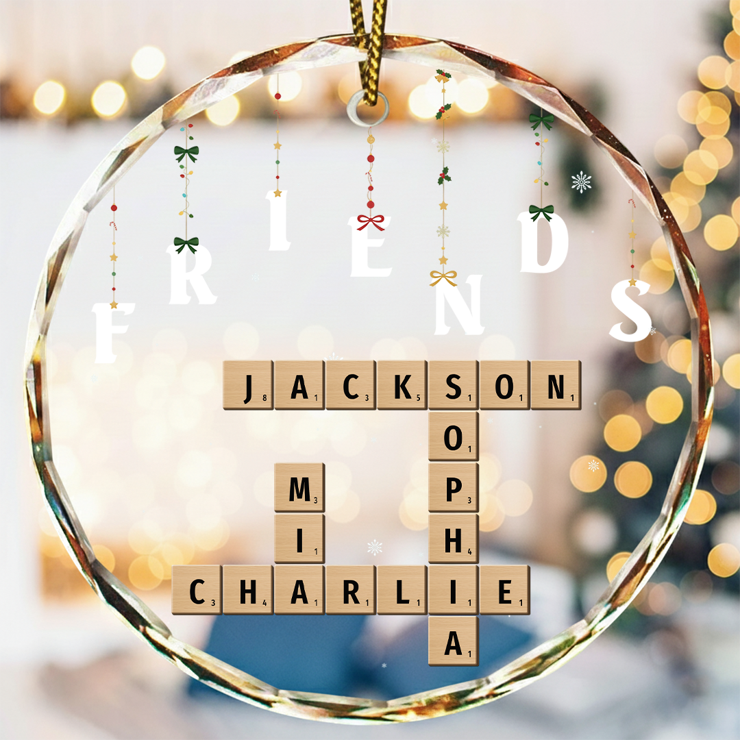 Friends Besties Sisters Brothers Family Crossword Scrabble - Personalized Circle Glass Ornament