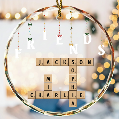 Friends Besties Sisters Brothers Family Crossword Scrabble - Personalized Circle Glass Ornament