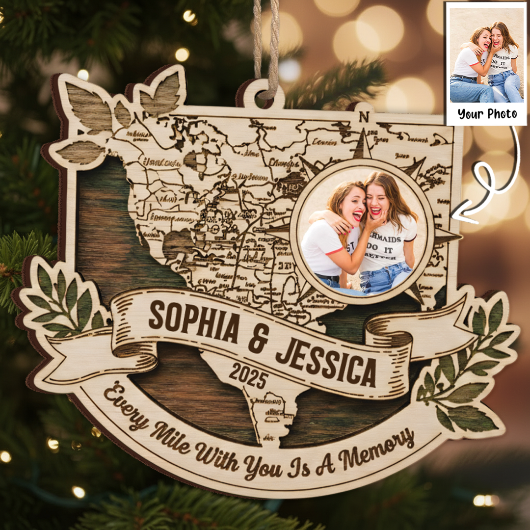 Every Mile With You Is A Memory Custom Photo Ornament - Long Distance Map Gift 2025