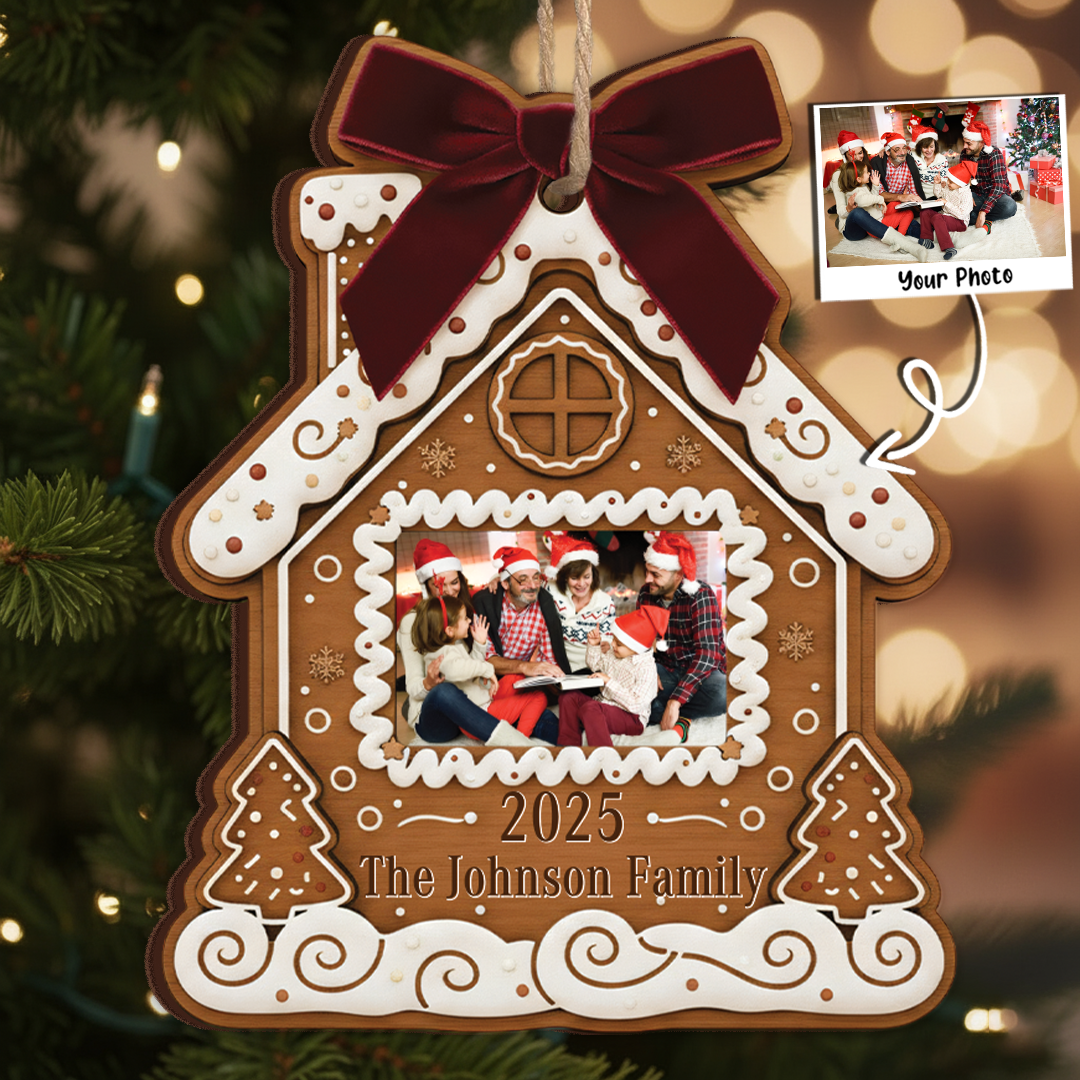 Custom Photo Gingerbread House Ornament - Personalized Family Gift 2025