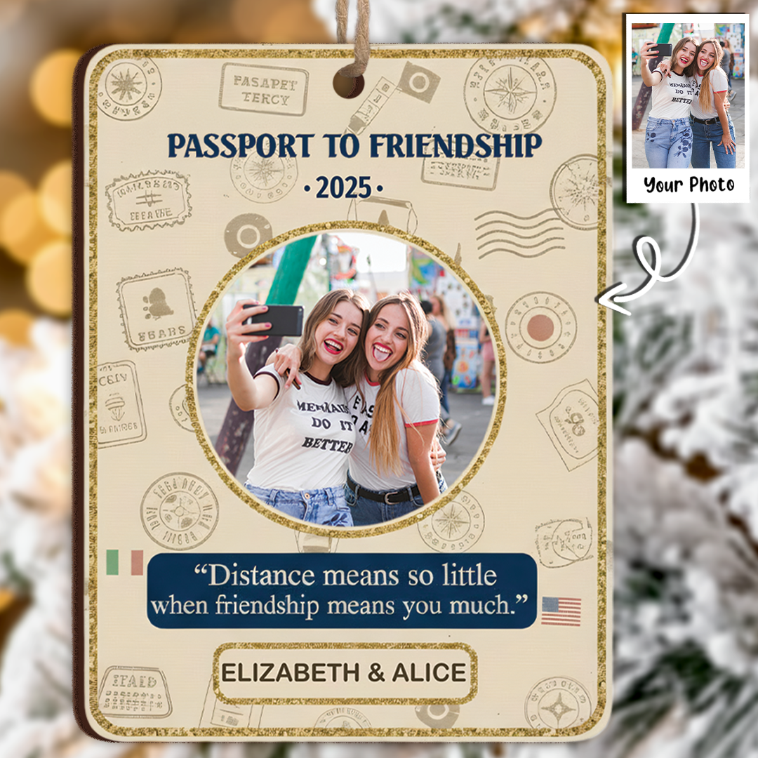 Passport To Friendship Personalized Photo Ornament - Custom Names & Year Keepsake