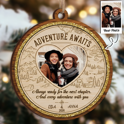 Adventure Awaits Personalized Photo Ornament - Custom Names & Year Travel Keepsake