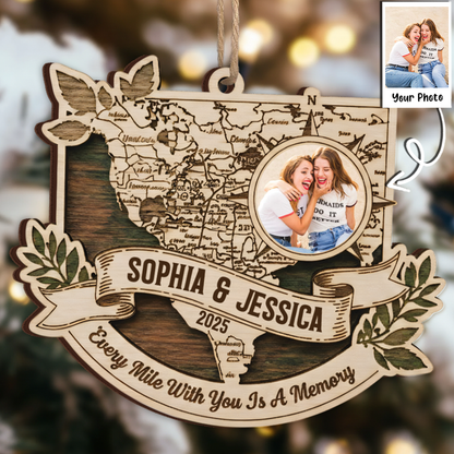 Every Mile With You Is A Memory Custom Photo Ornament - Long Distance Map Gift 2025