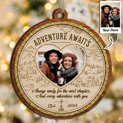 Adventure Awaits Personalized Photo Ornament - Custom Names & Year Travel Keepsake