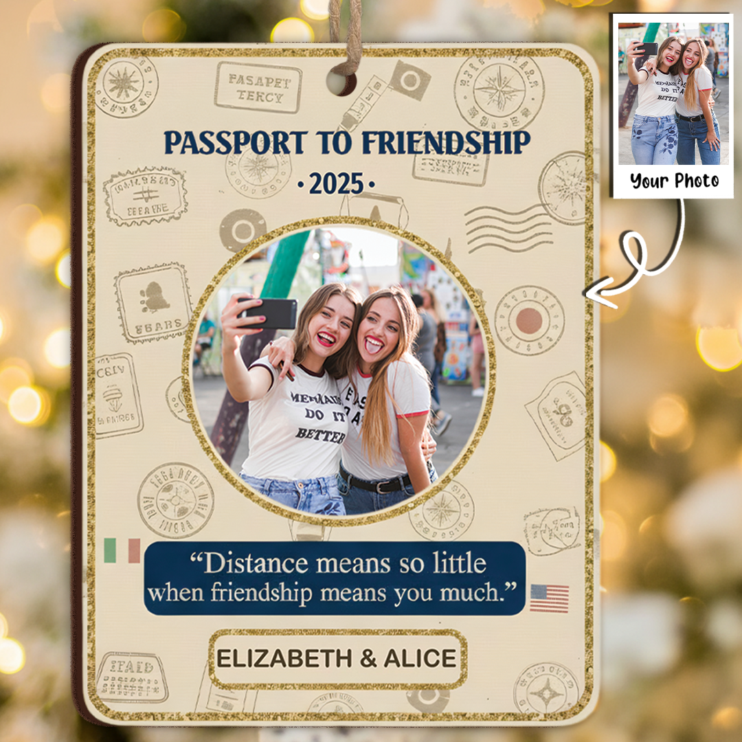 Passport To Friendship Personalized Photo Ornament - Custom Names & Year Keepsake