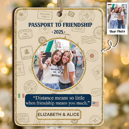 Passport To Friendship Personalized Photo Ornament - Custom Names & Year Keepsake