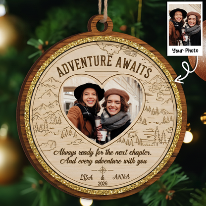 Adventure Awaits Personalized Photo Ornament - Custom Names & Year Travel Keepsake