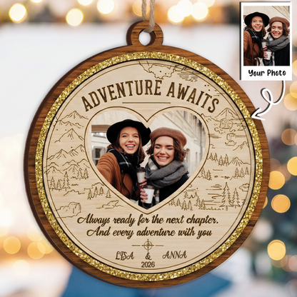 Adventure Awaits Personalized Photo Ornament - Custom Names & Year Travel Keepsake