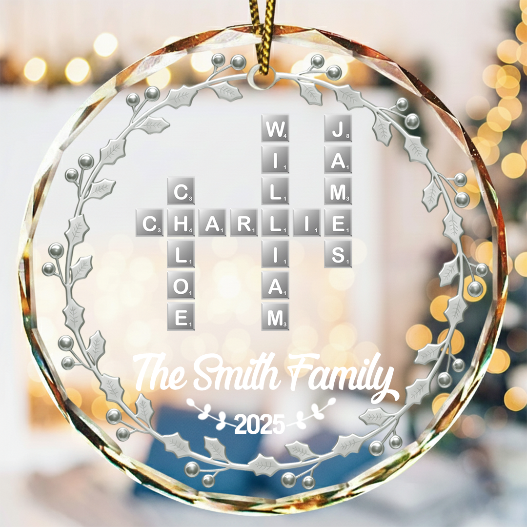 Crossword Scrabble Family Name - 3D Silver Effect Printed, Personalized Circle Glass Ornament