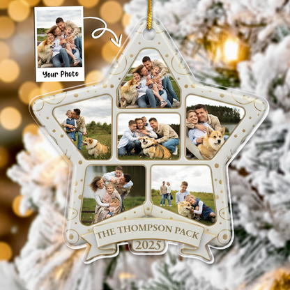 Family Photo Ornament 2025 - Custom Name Star Frame Christmas Decor