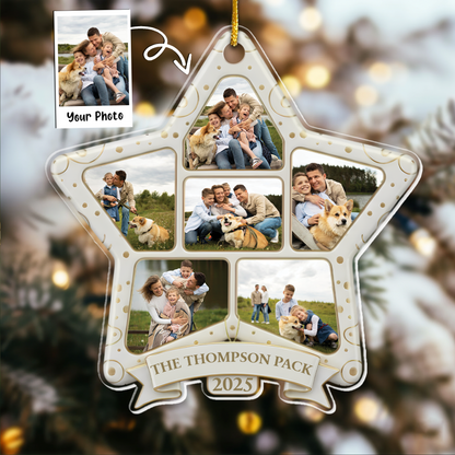Family Photo Ornament 2025 - Custom Name Star Frame Christmas Decor