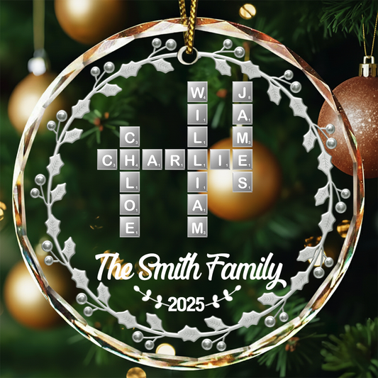 Crossword Scrabble Family Name - 3D Silver Effect Printed, Personalized Circle Glass Ornament