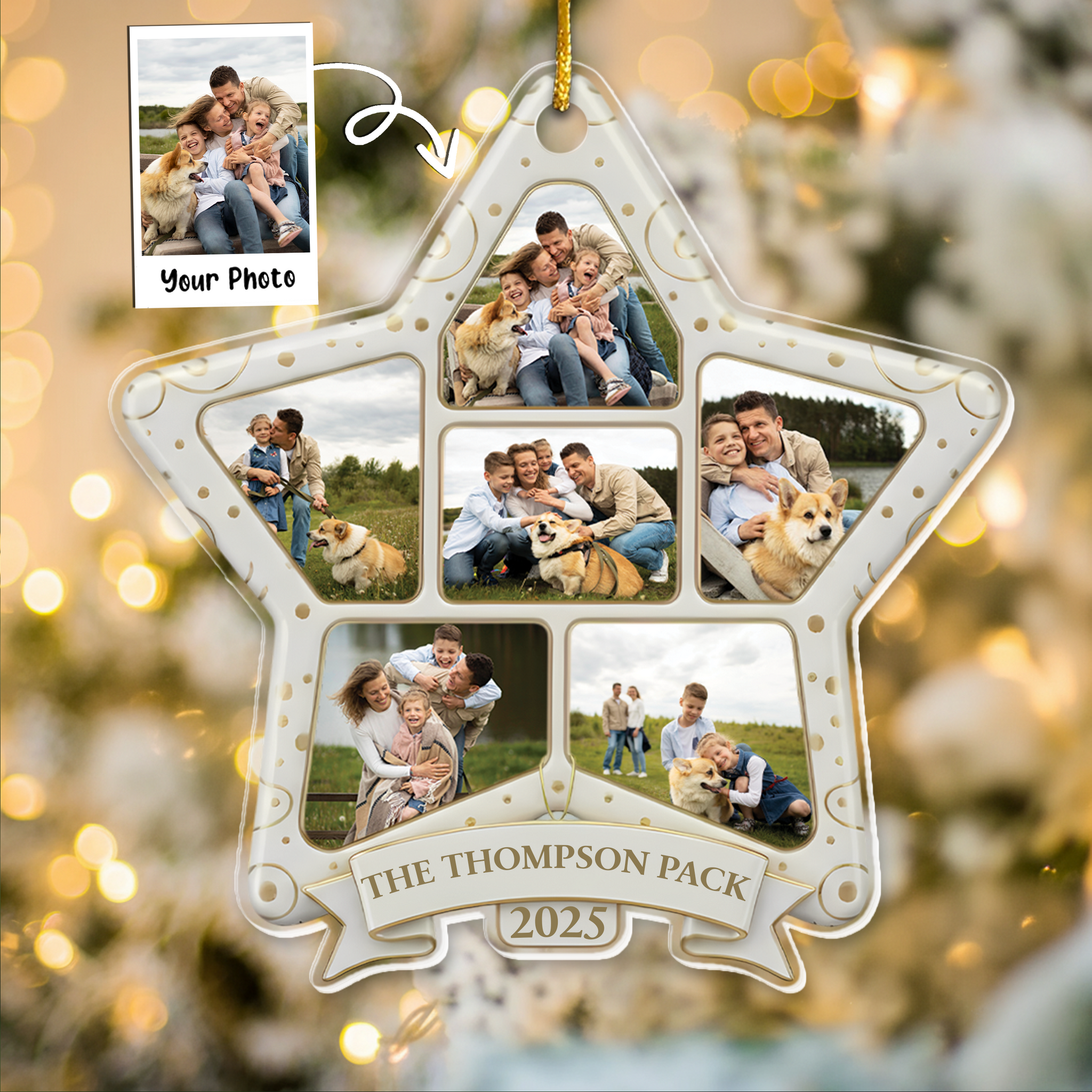 Family Photo Ornament 2025 - Custom Name Star Frame Christmas Decor