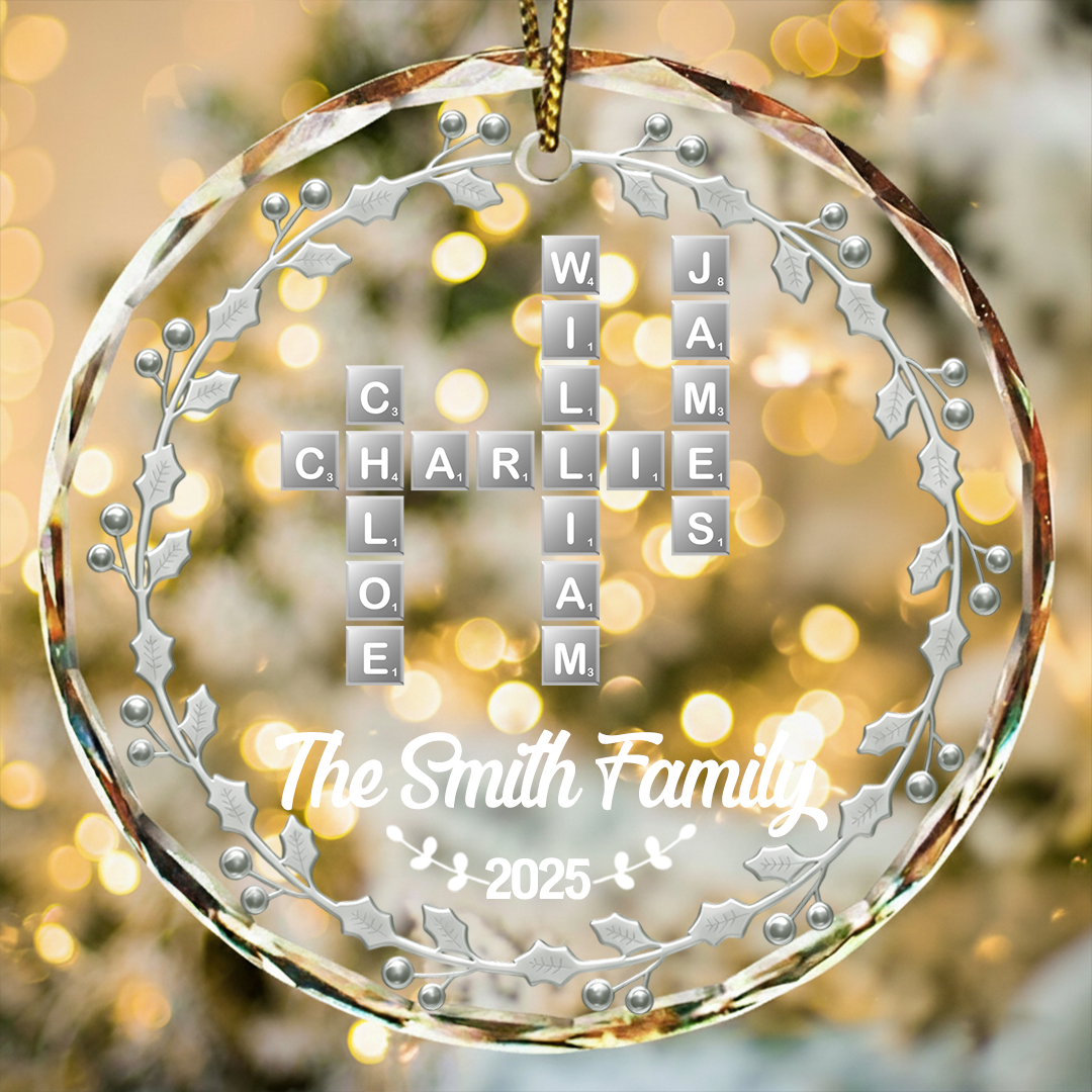Crossword Scrabble Family Name - 3D Silver Effect Printed, Personalized Circle Glass Ornament