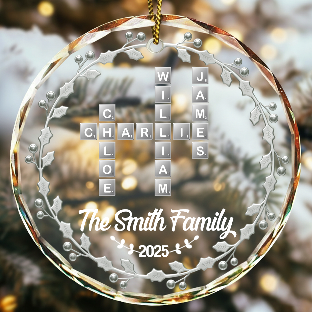 Crossword Scrabble Family Name - 3D Silver Effect Printed, Personalized Circle Glass Ornament
