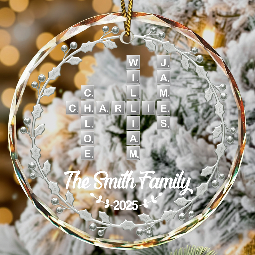 Crossword Scrabble Family Name - 3D Silver Effect Printed, Personalized Circle Glass Ornament