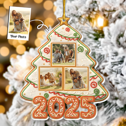 Custom Photo Happy Family Christmas Tree Gingerbread - Personalized Custom Shaped Acrylic Ornament