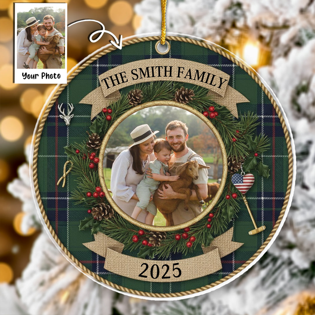 Plaid Christmas Photo Ornament - Custom Picture Frame Decor