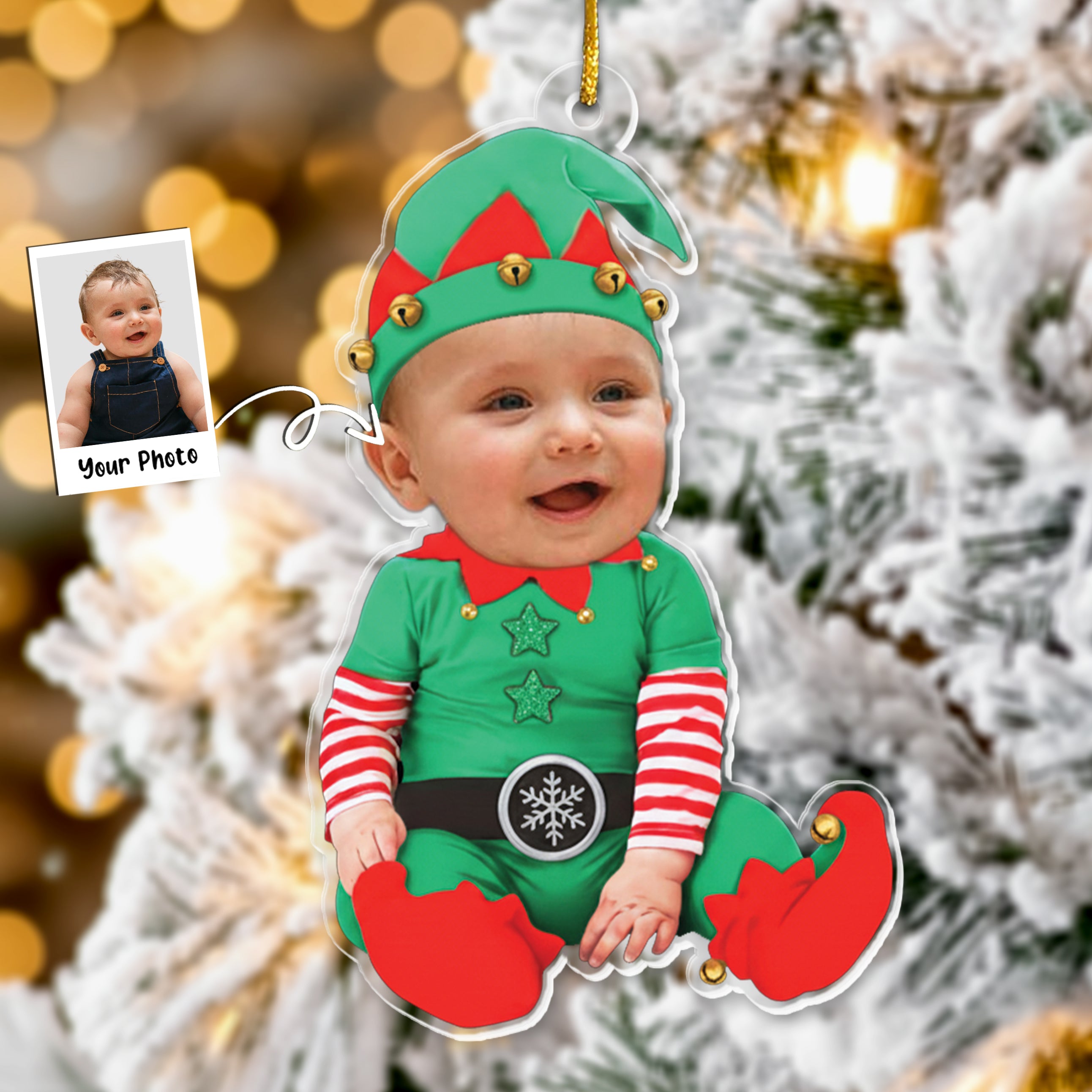 Adorable Newborn Baby Elf - Personalized Babys Photo First Christmas Ornament