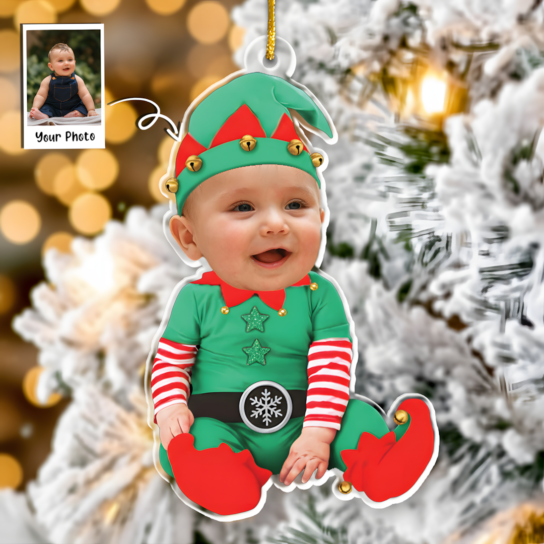 Adorable Newborn Baby Elf - Personalized Babys Photo First Christmas Ornament
