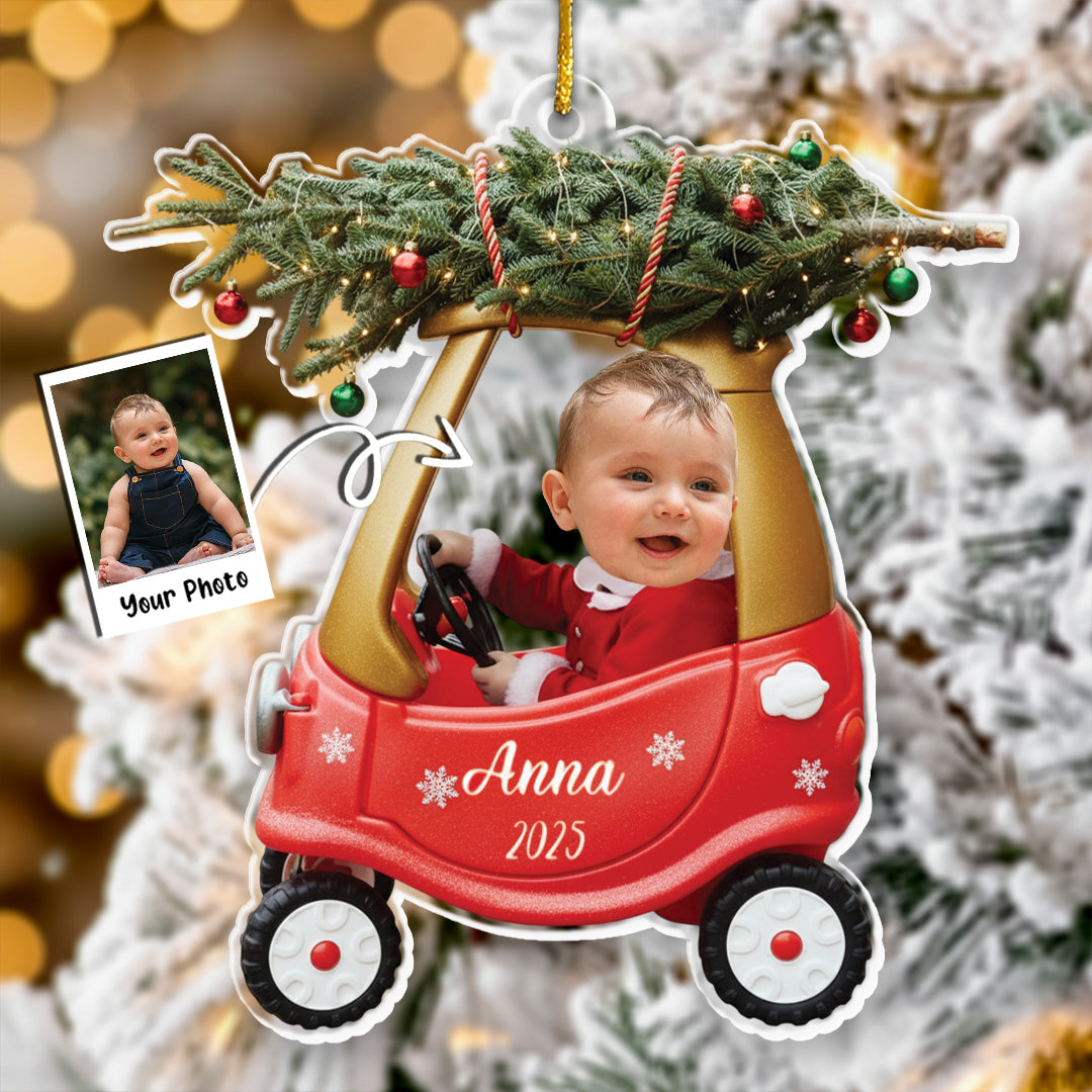 Custom Baby Kid In Car - Personalized Newborn Christmas Photo Ornament