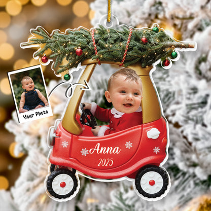 Custom Baby Kid In Car - Personalized Newborn Christmas Photo Ornament