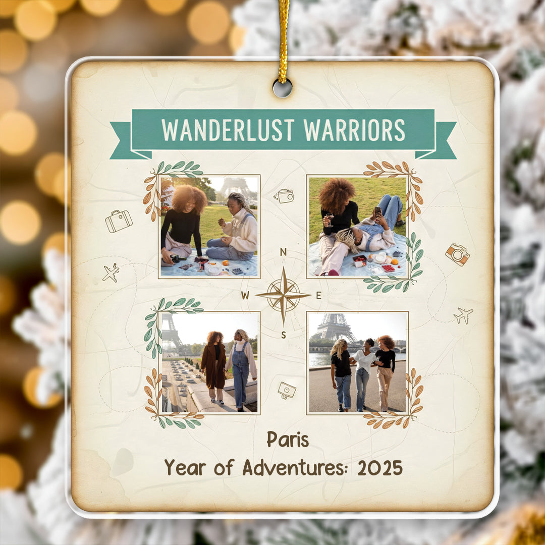 Wanderlust Warriors Personalized Photo Ornament - Custom 4 Pictures Travel Keepsake