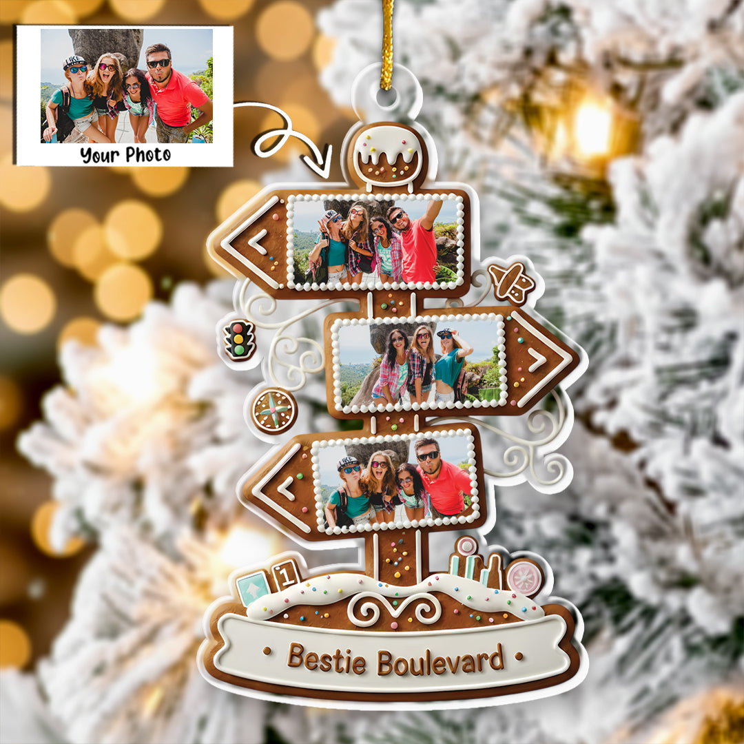 Bestie Boulevard Custom Photo Upload Ornament - Gingerbread Sign Christmas Gift 2025