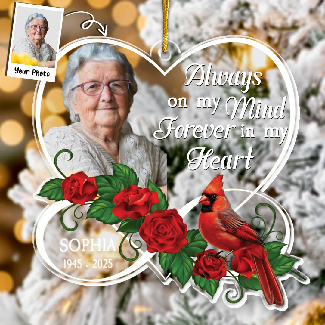 Forever In My Heart Memorial Cardinal Rose - Personalized Acrylic Photo Ornament