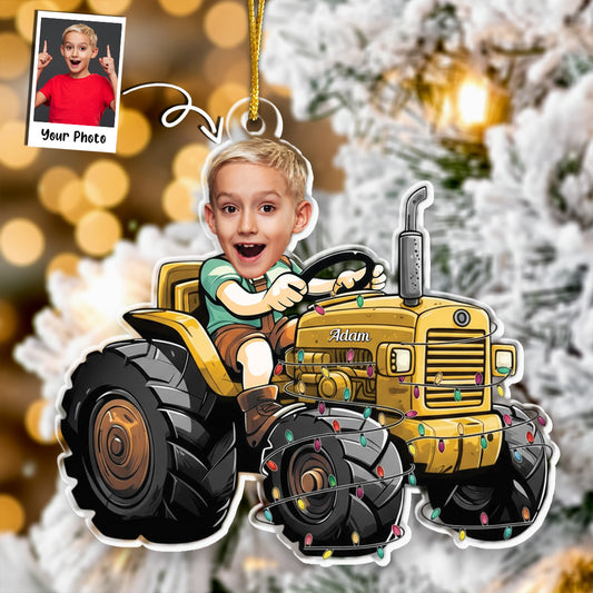 Just A Boy Who Loves Tractor Custom Kid Face - Personalized Acrylic Photo Ornament