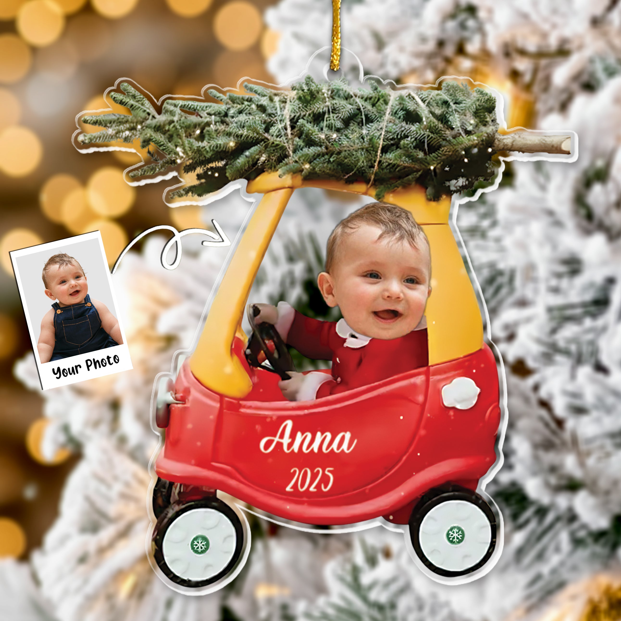 Custom Baby Kid In Car - Personalized Newborn Christmas Photo Ornament