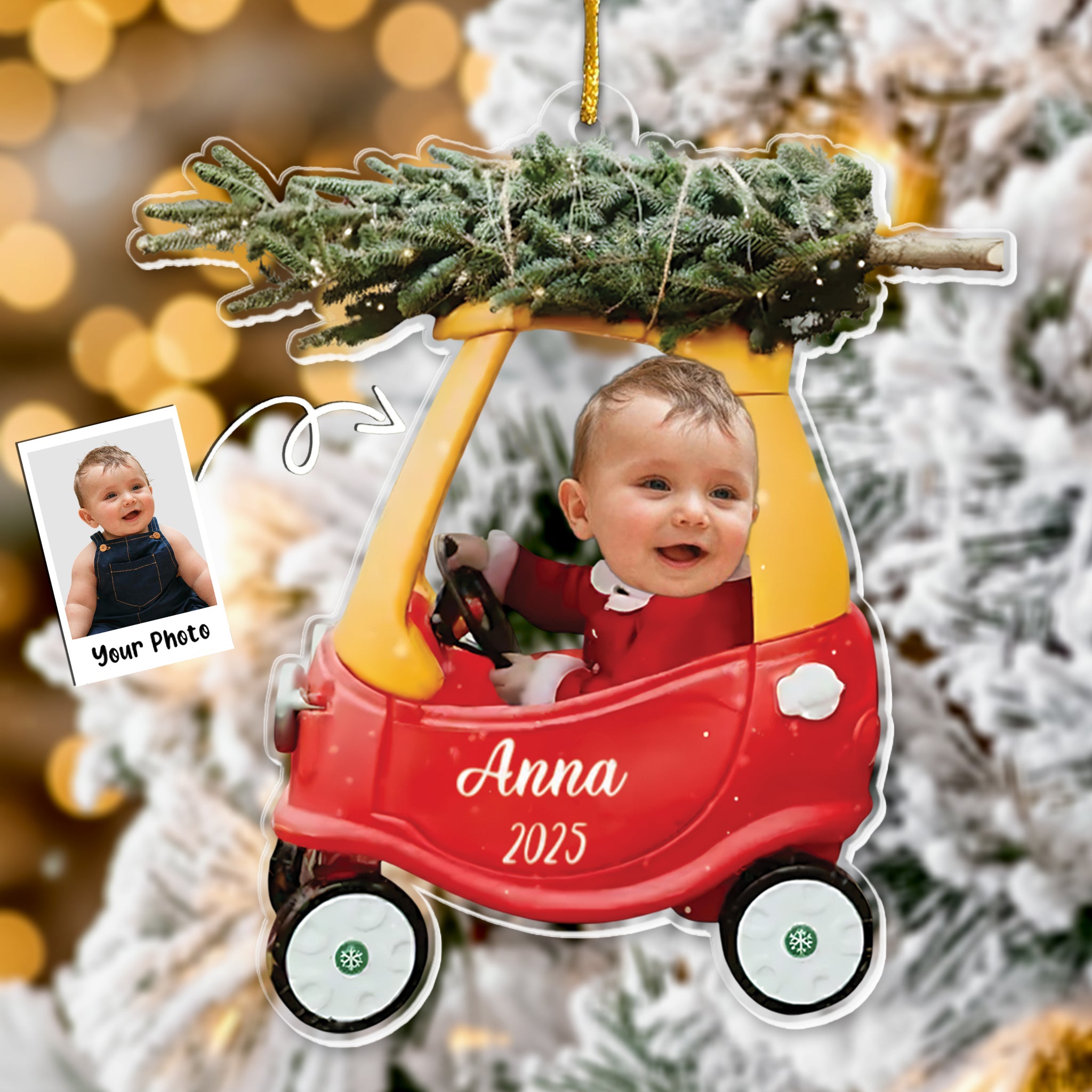 Custom Baby Kid In Car - Personalized Newborn Christmas Photo Ornament