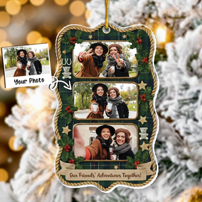 Our Adventures Friends Together Custom Photo Ornament - Plaid Christmas Frame Gift