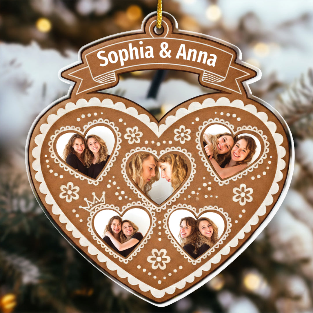 Gingerbread Heart Frame Ornament - Custom Names & Est. Year Gift for Sisters