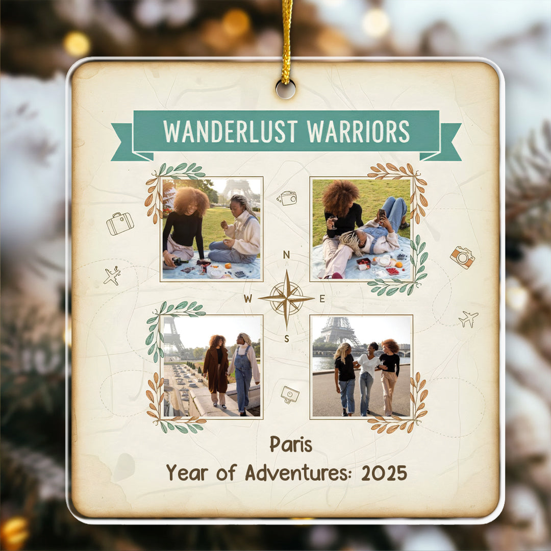 Wanderlust Warriors Personalized Photo Ornament - Custom 4 Pictures Travel Keepsake